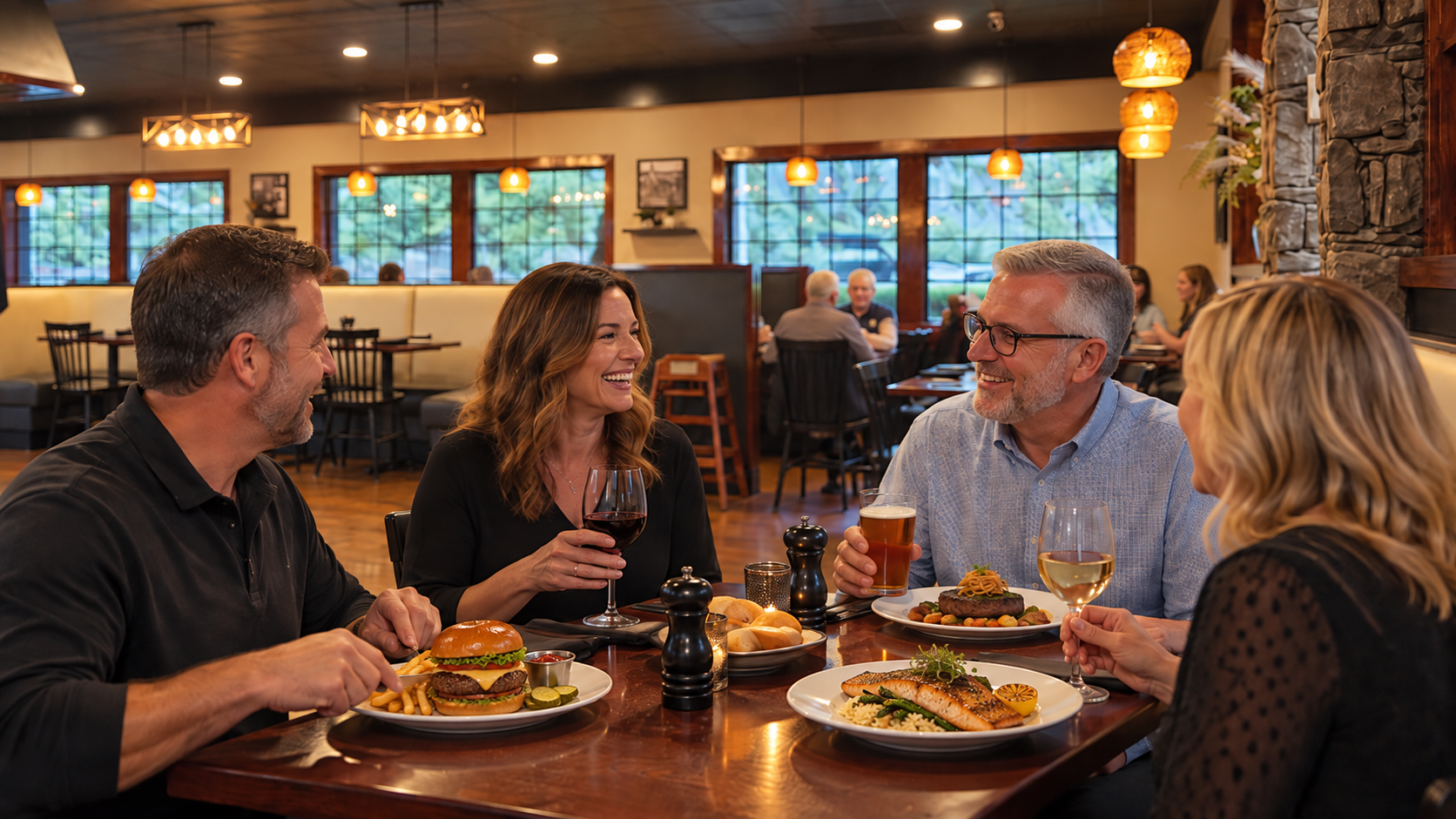 Guests enjoying food and drinks at Circle H Chophouse